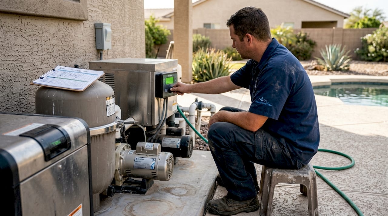 Technician adjusts pool automation for energy efficiency
