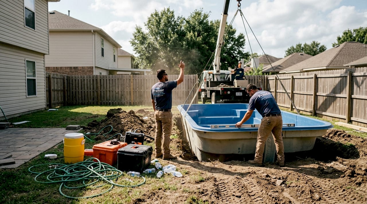 Fiberglass pool shell being installed in yard