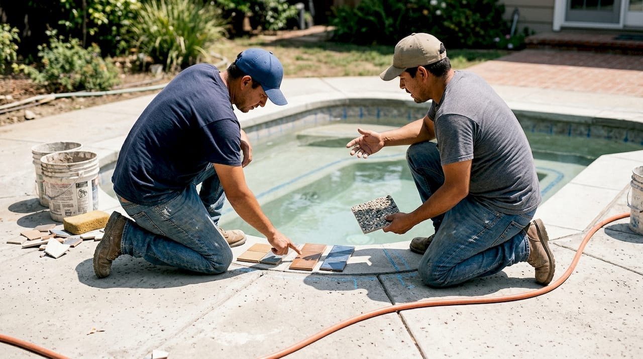 Workers discussing spa tile and finish samples