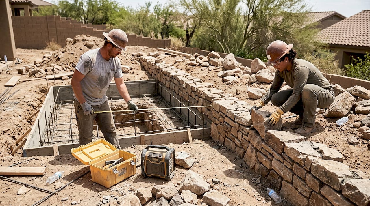 Crew building custom spa on sloped backyard