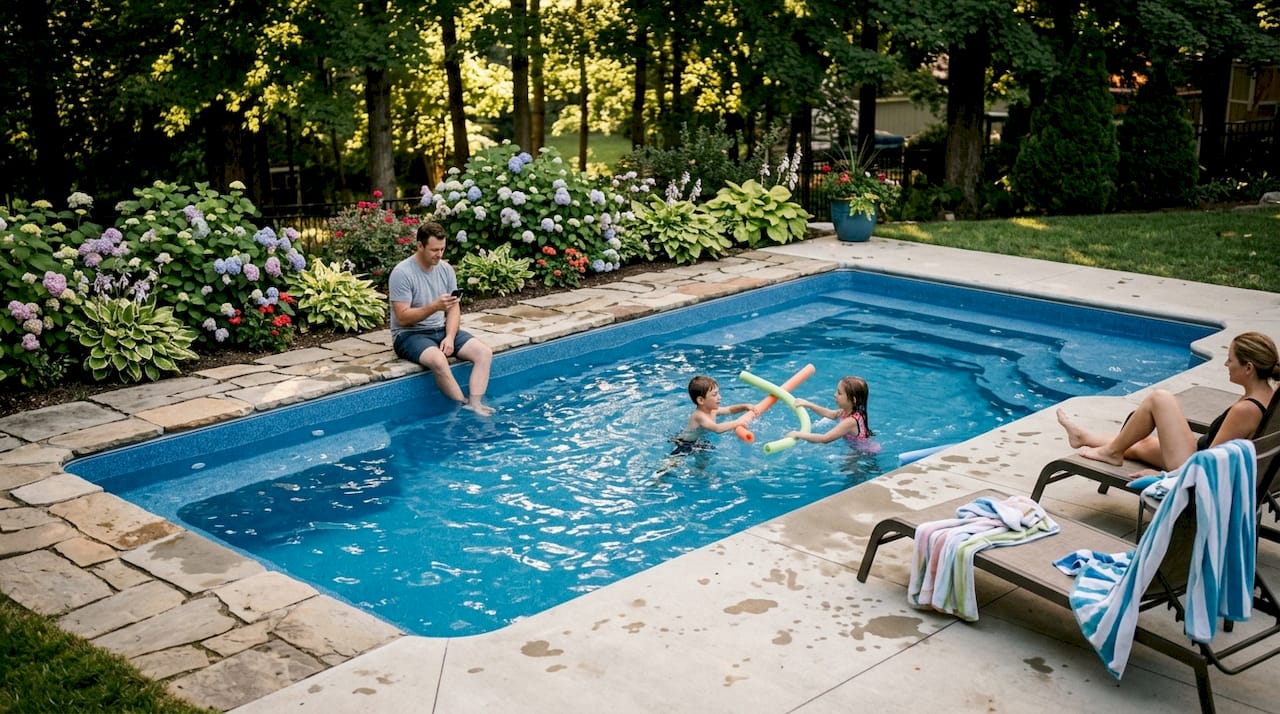 Family relaxes in fiberglass backyard pool