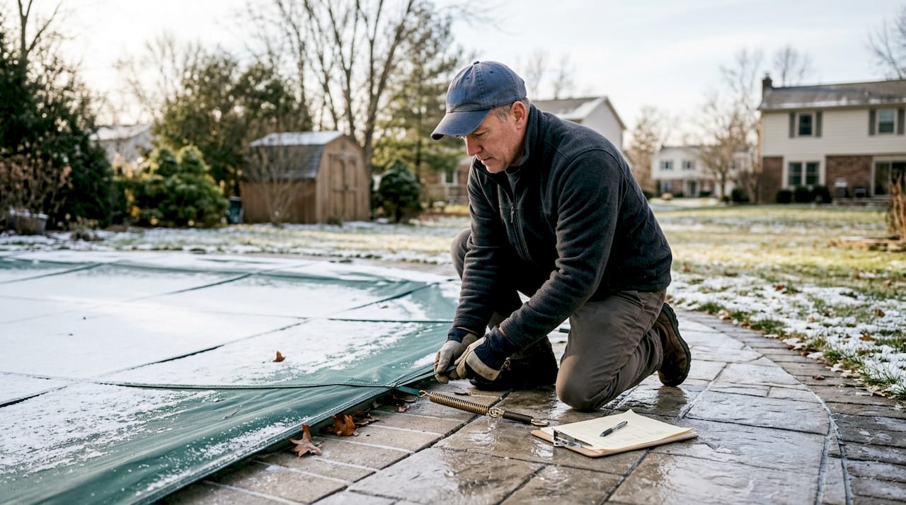 Man inspecting covered backyard pool in winter