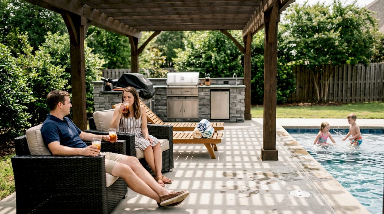 Family enjoying luxury features in Phoenix backyard