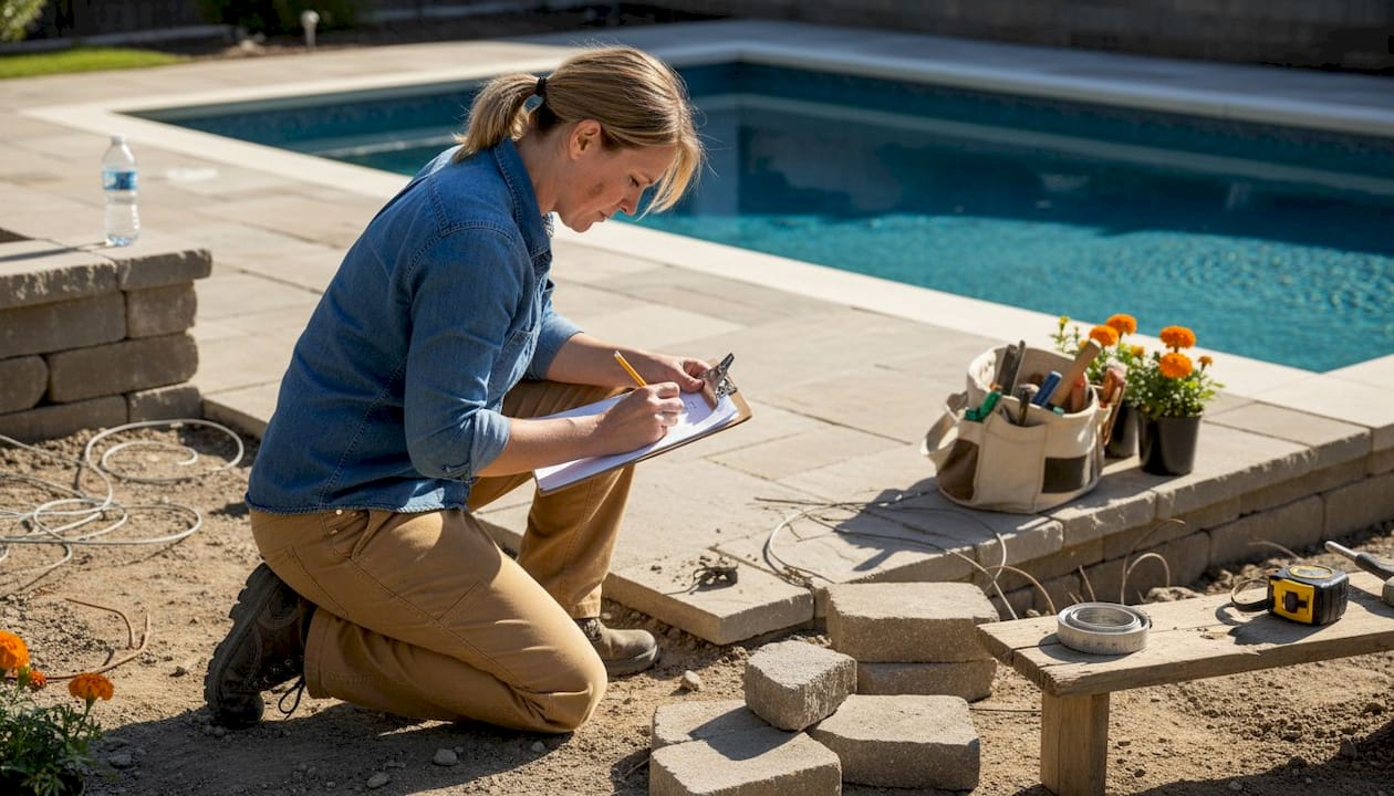 Designer plans patio alongside pool and garden