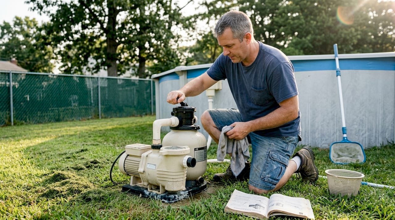 Homeowner cleaning residential pool filter system