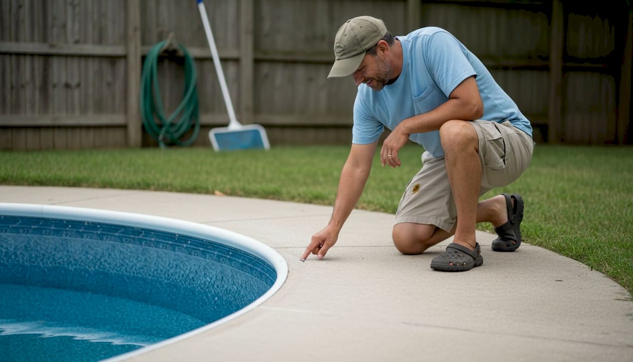 Homeowner checks vinyl pool liner for issues