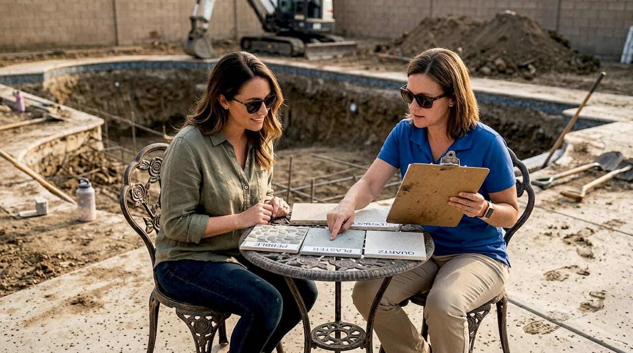 Homeowner reviews pool surface options on patio