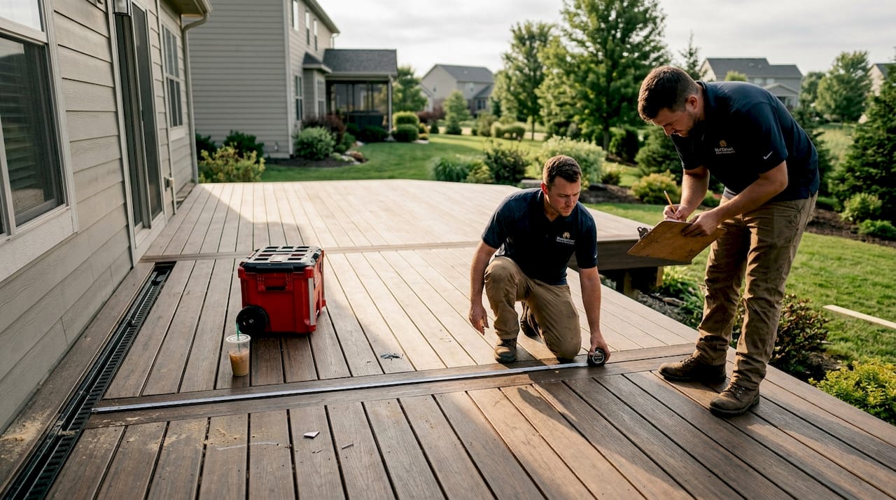 Workers measuring complex luxury deck install