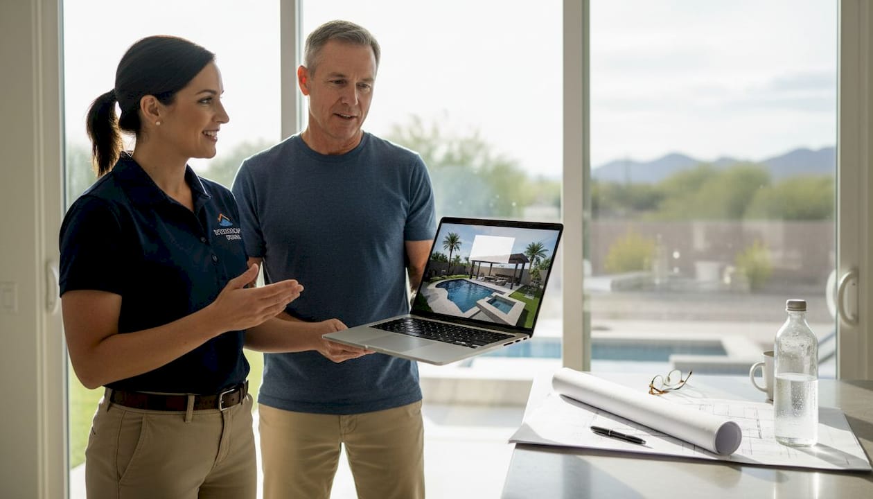 Homeowner reviews 3D backyard remodel with contractor