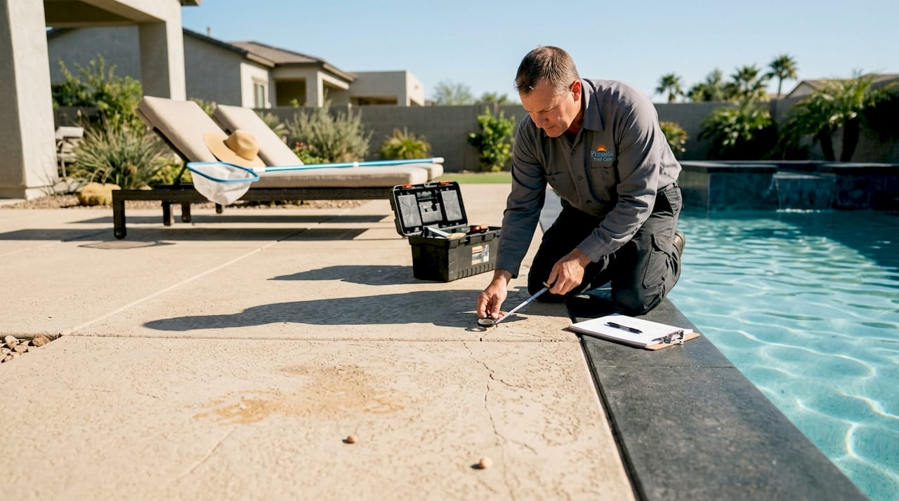 Technician inspecting stamped concrete pool deck