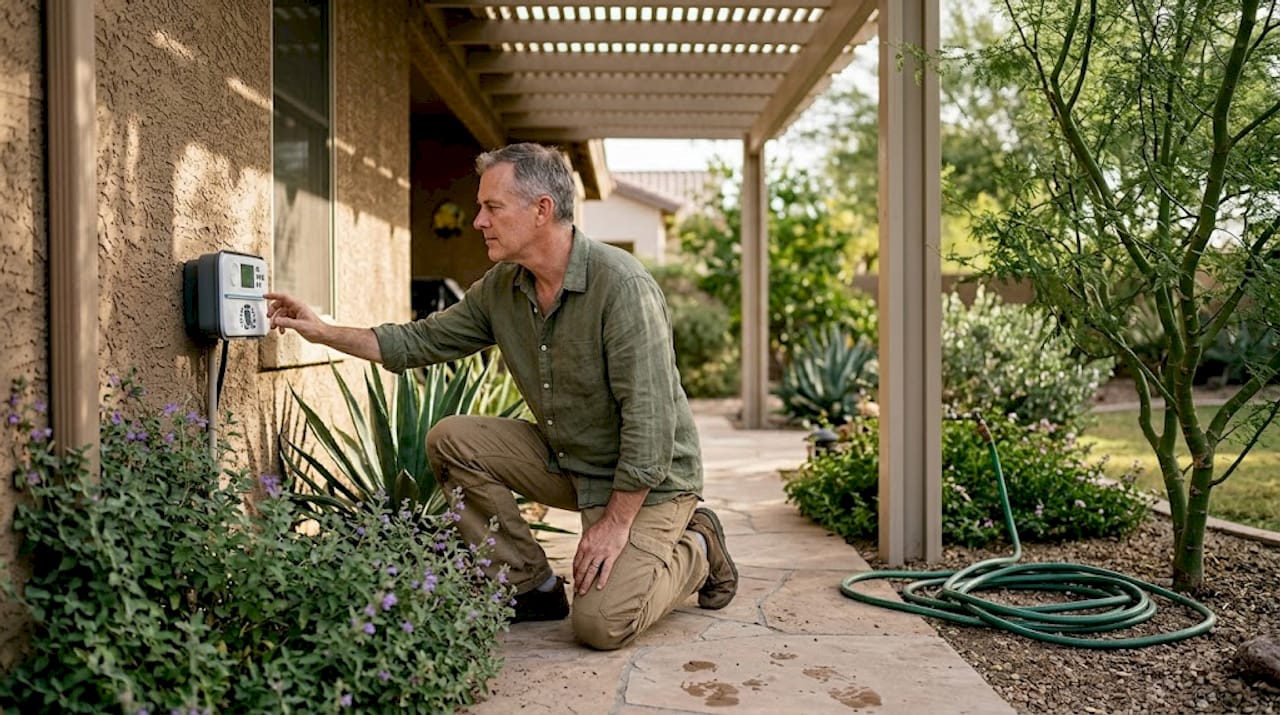Owner checking irrigation system for desert yard