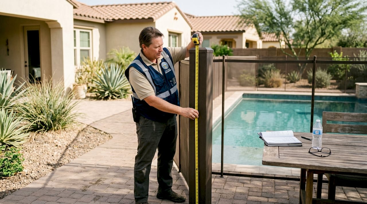 Inspector measures pool barrier compliance