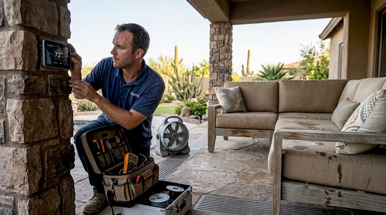 Installer checks patio heated floor system