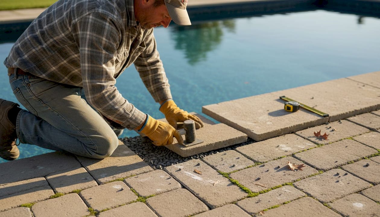 Contractor works on durable pool deck surface