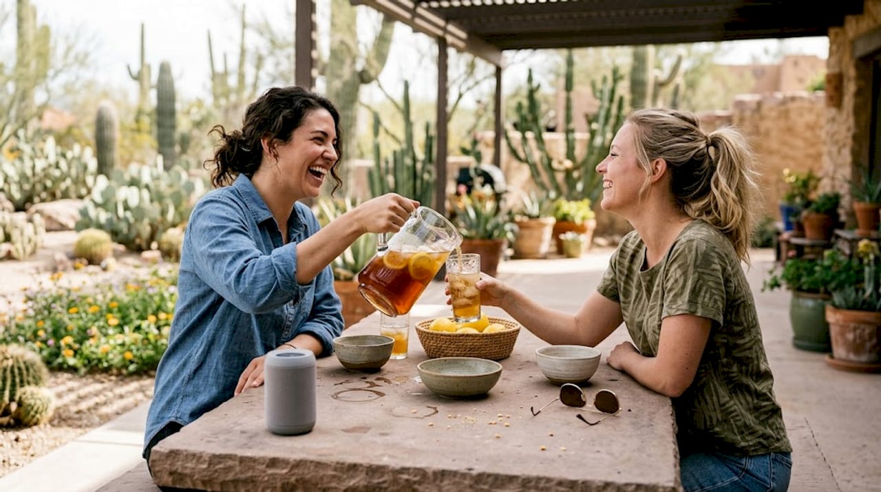 Friends enjoying outdoor dining in sunshine