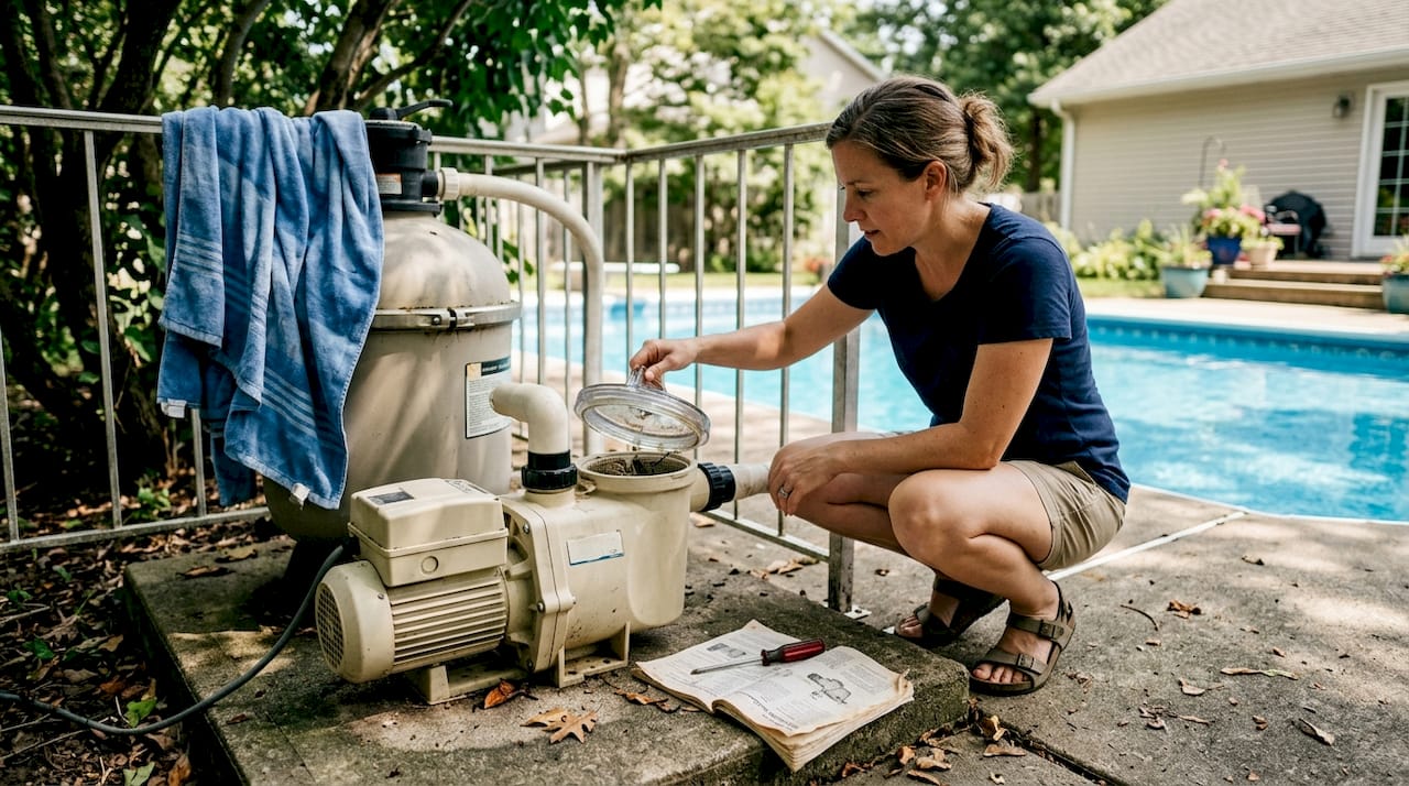 Person inspecting pool pump and filter outside
