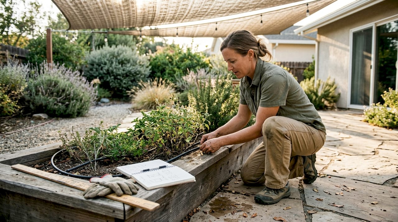 Landscape designer working under shade sail