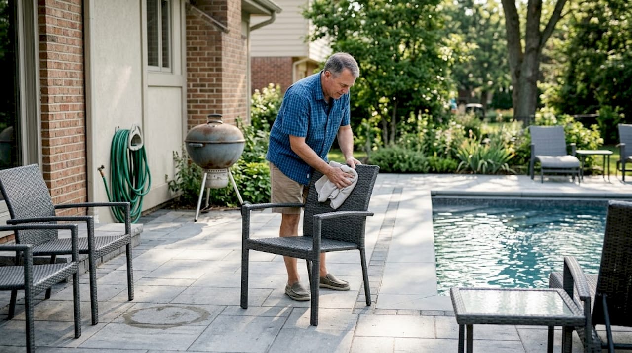 Man cleaning patio beside backyard pool