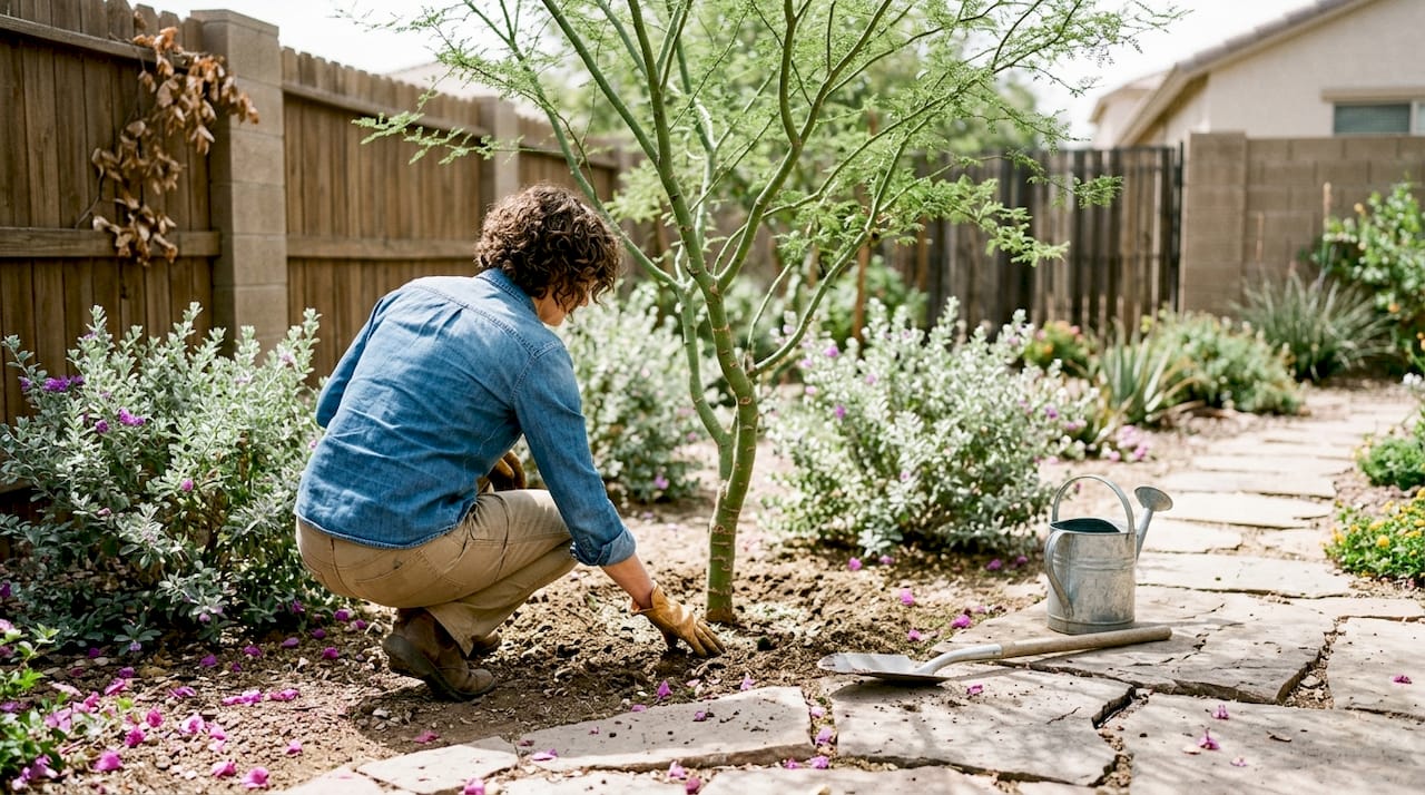 Landscape designer inspecting Palo Verde tree