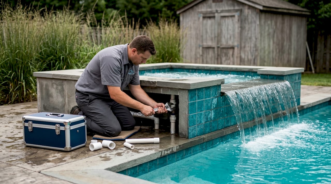 Technician inspecting spillover hot tub plumbing