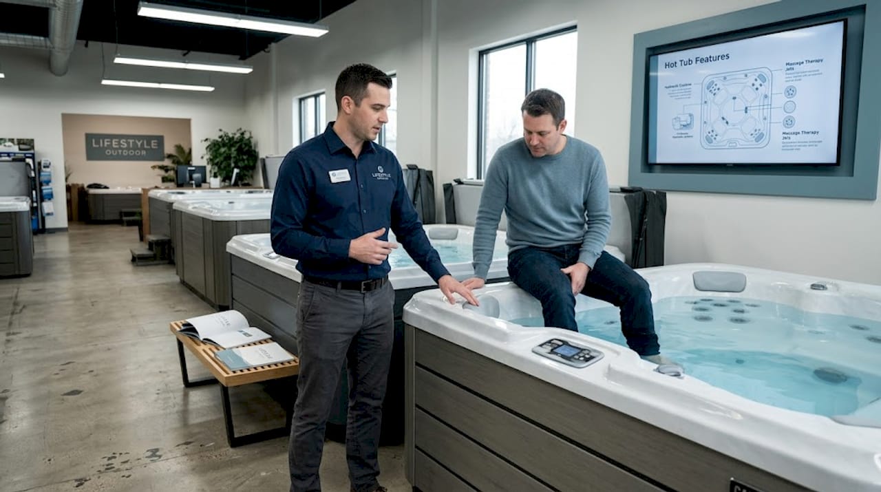 salesperson demonstrates hot tub features in showroom