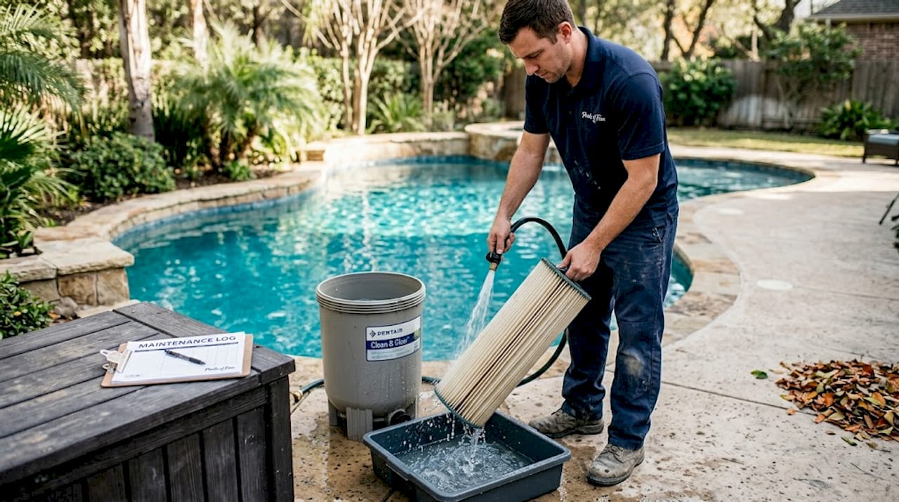 Technician rinsing cartridge pool filter
