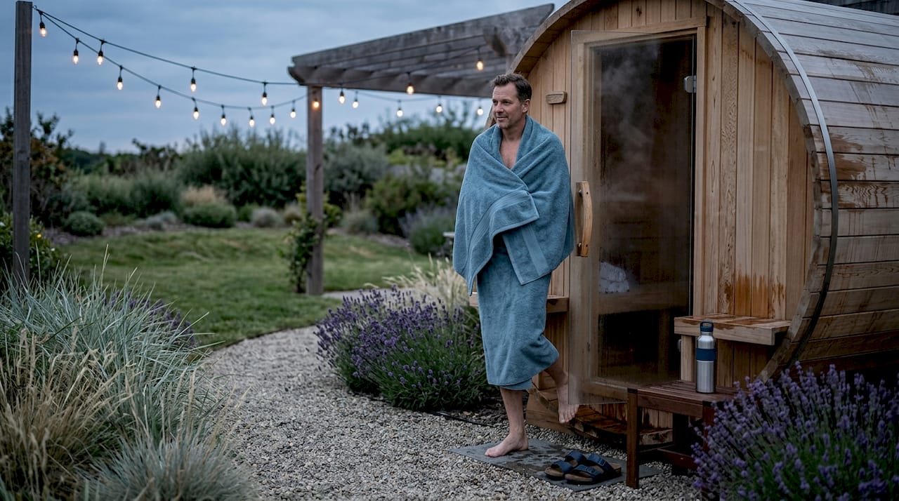 man using outdoor backyard barrel sauna