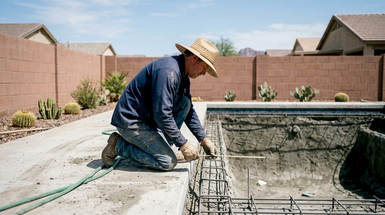 Worker building pool shell with rebar