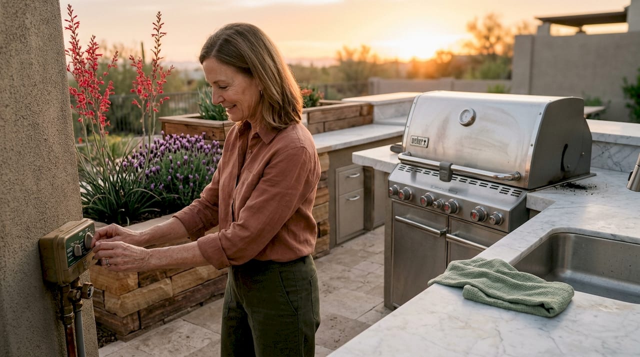 Homeowner using modern outdoor kitchen in Phoenix