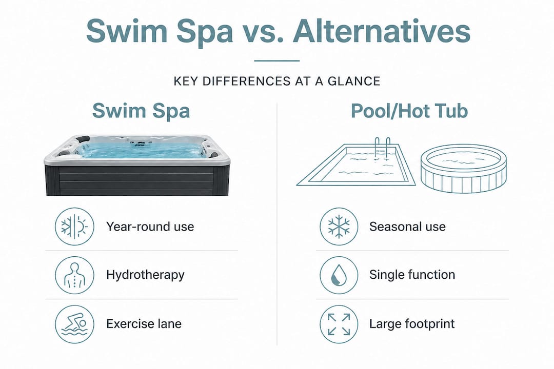 infographic comparing swim spa to pool and hot tub