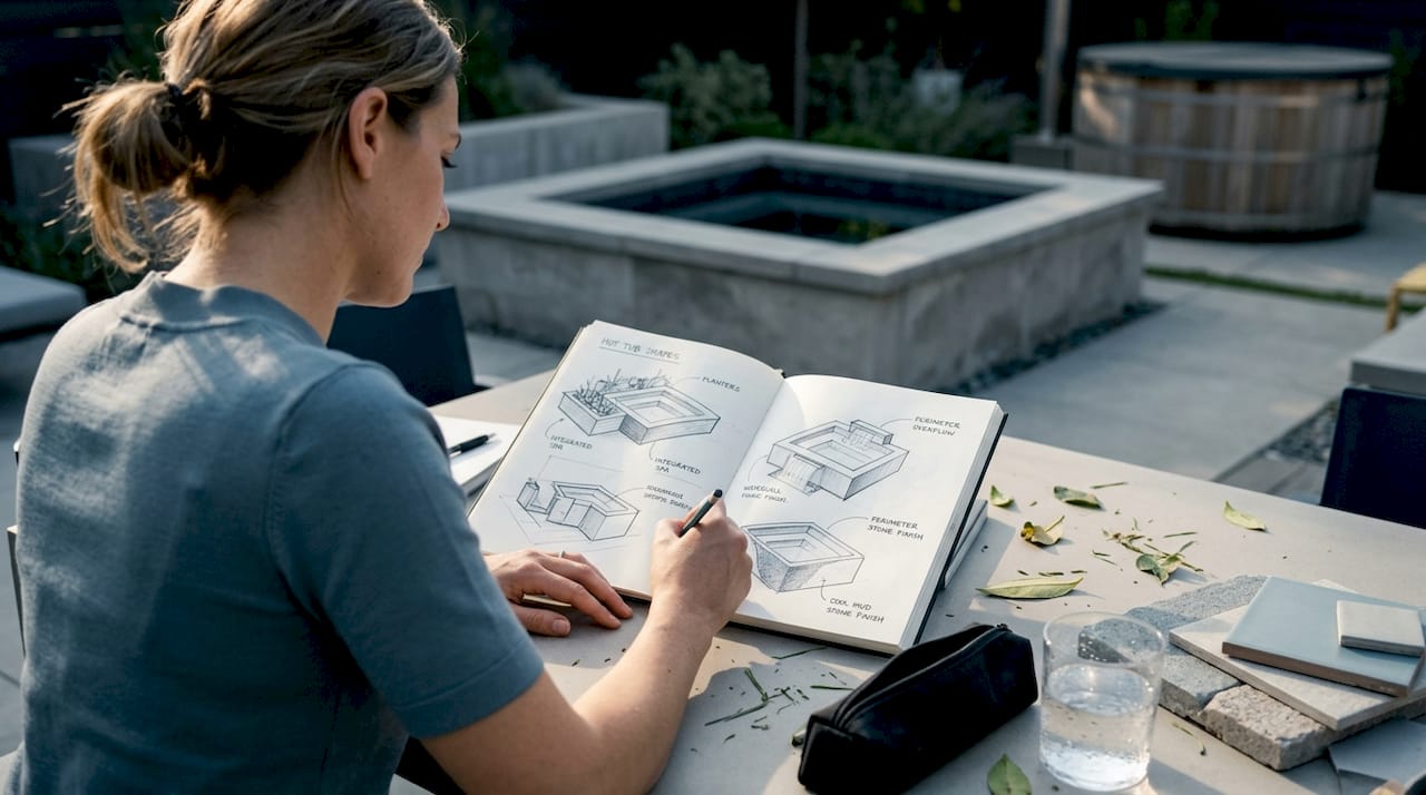 designer sketching hot tub shapes outdoors