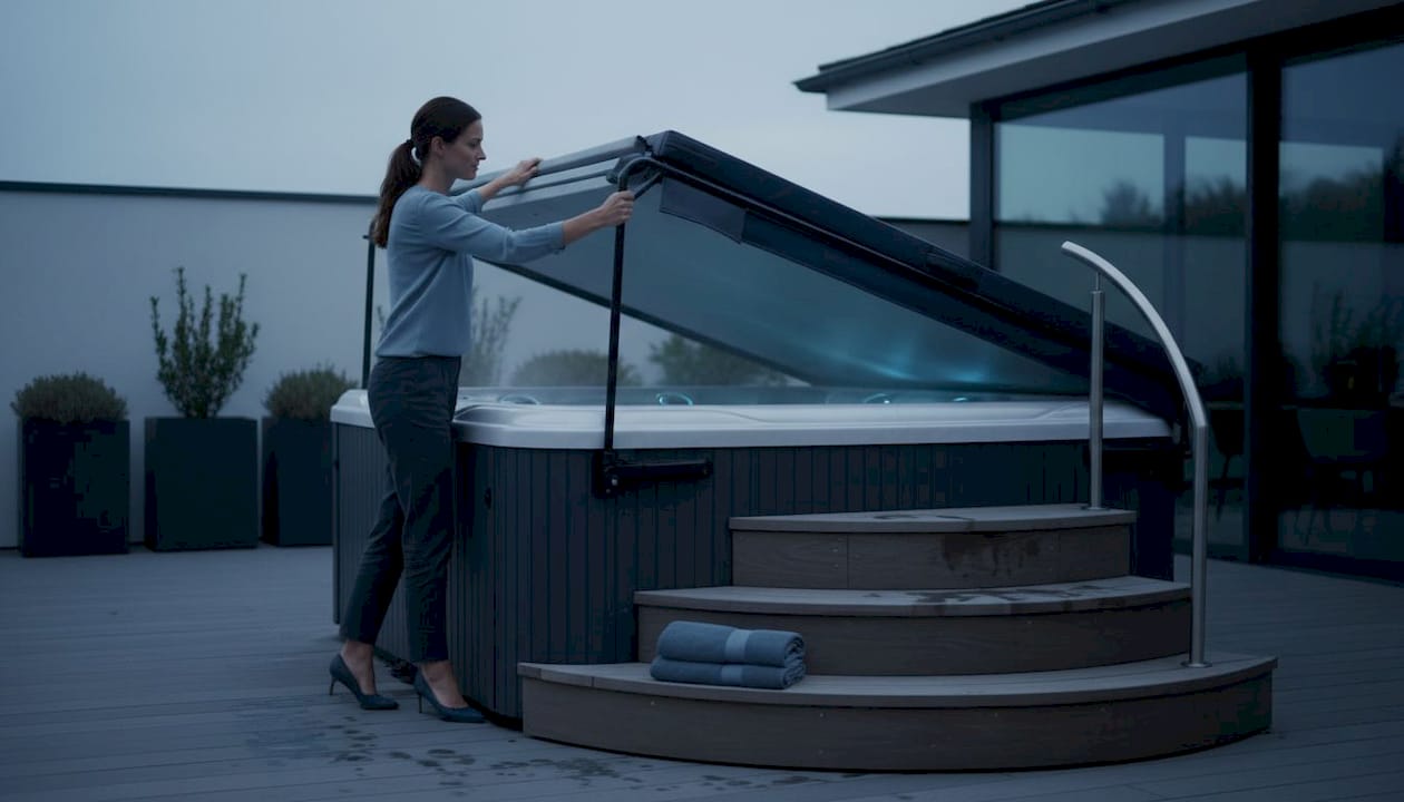 homeowner using hot tub cover lifter and steps