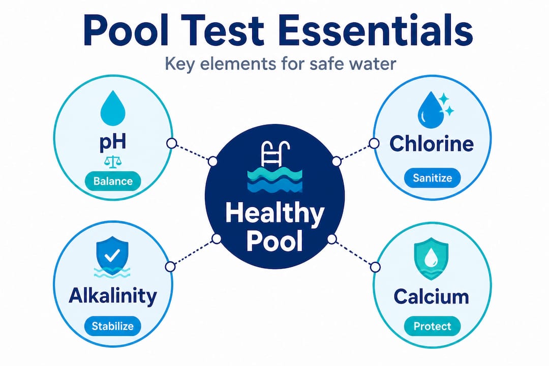 Infographic showing core pool water test elements