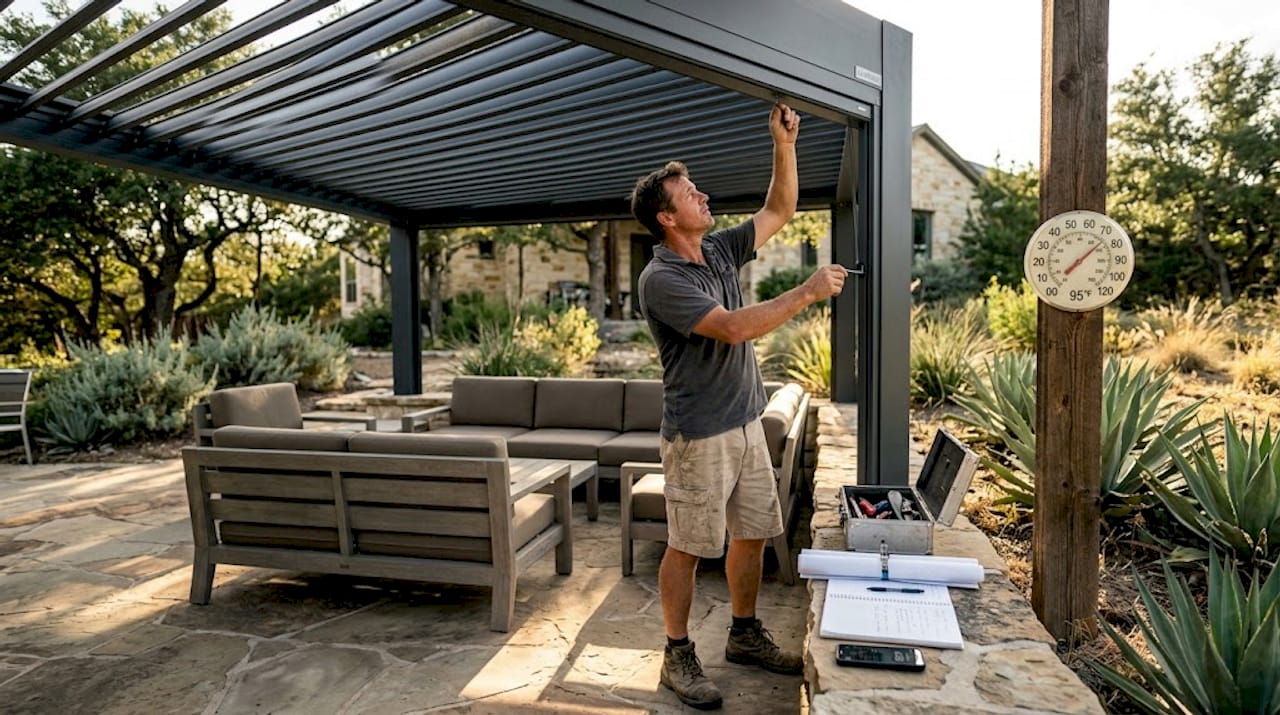 Landscaper adjusts louvered roof shade