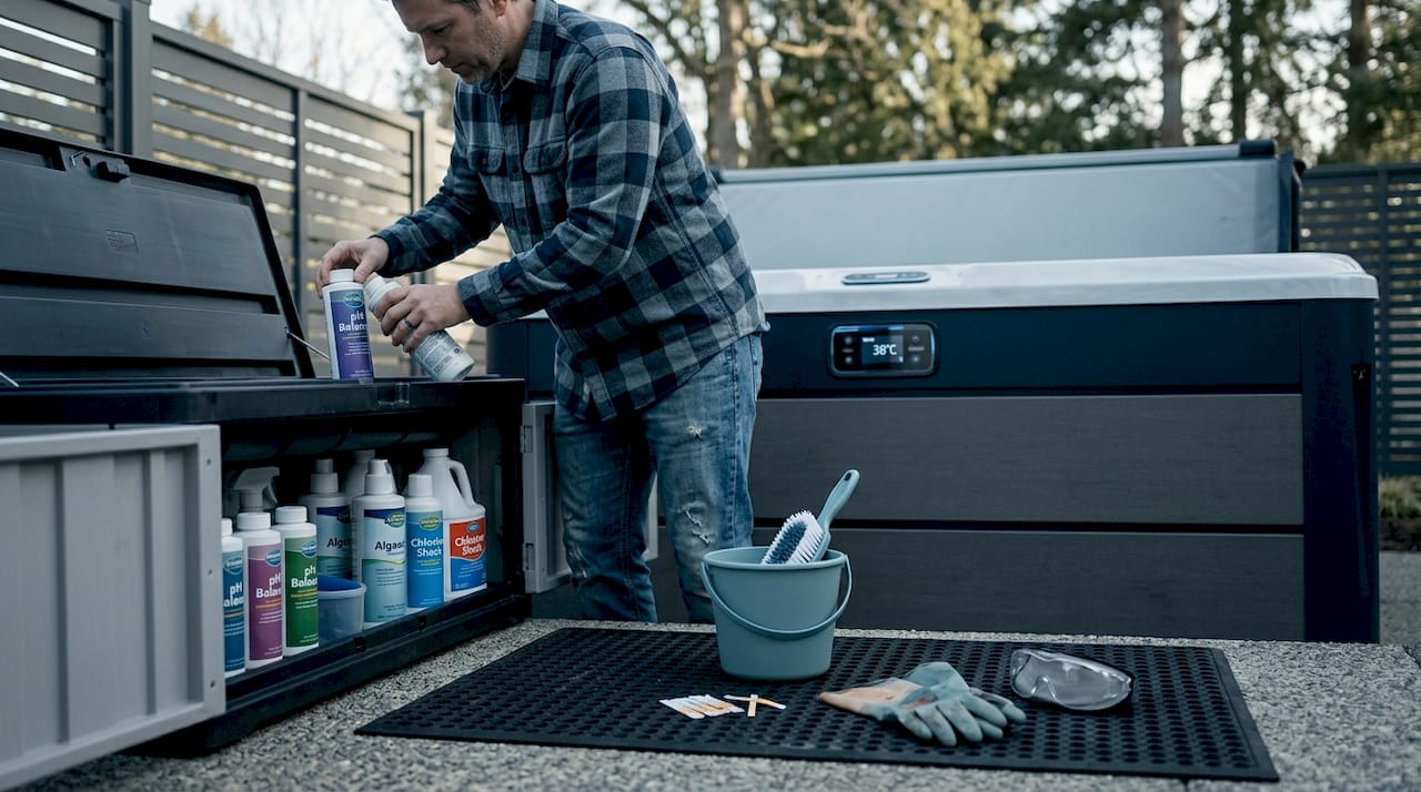 hot tub owner sorting maintenance gear outdoors