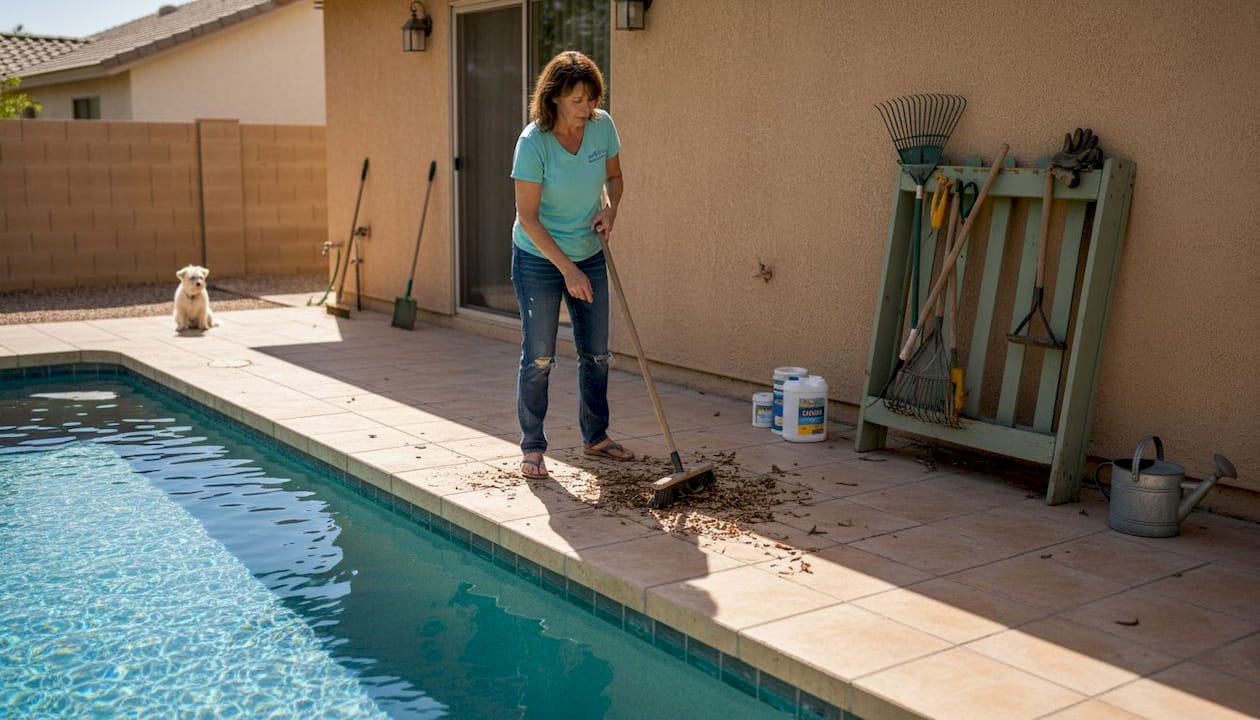 Homeowner maintaining Phoenix backyard pool