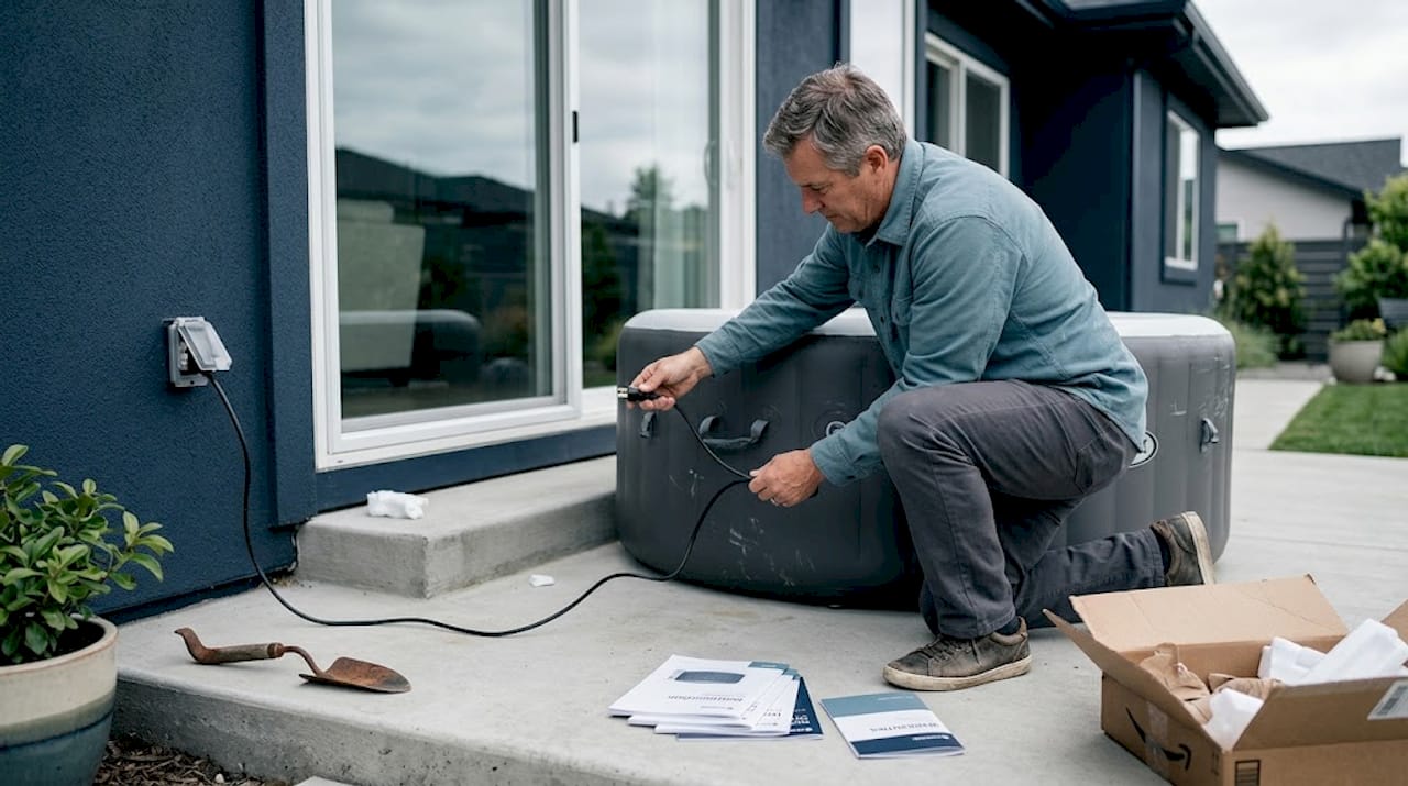 homeowner installing portable hot tub outdoors