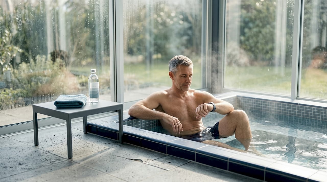 man using hot tub in bright sunroom
