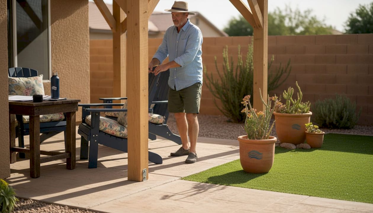 Homeowner sets up seating under backyard pergola