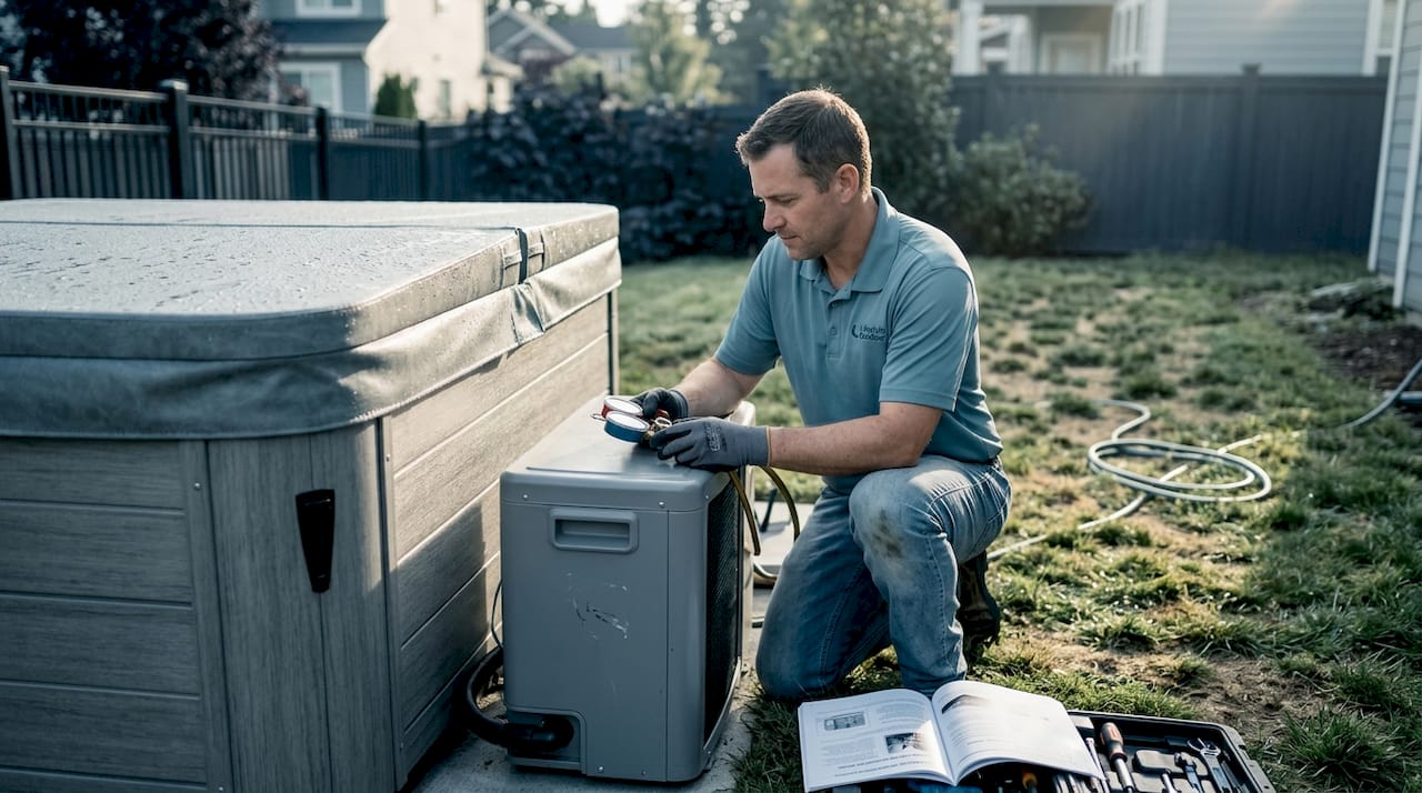 technician installing hot tub heat pump outdoors