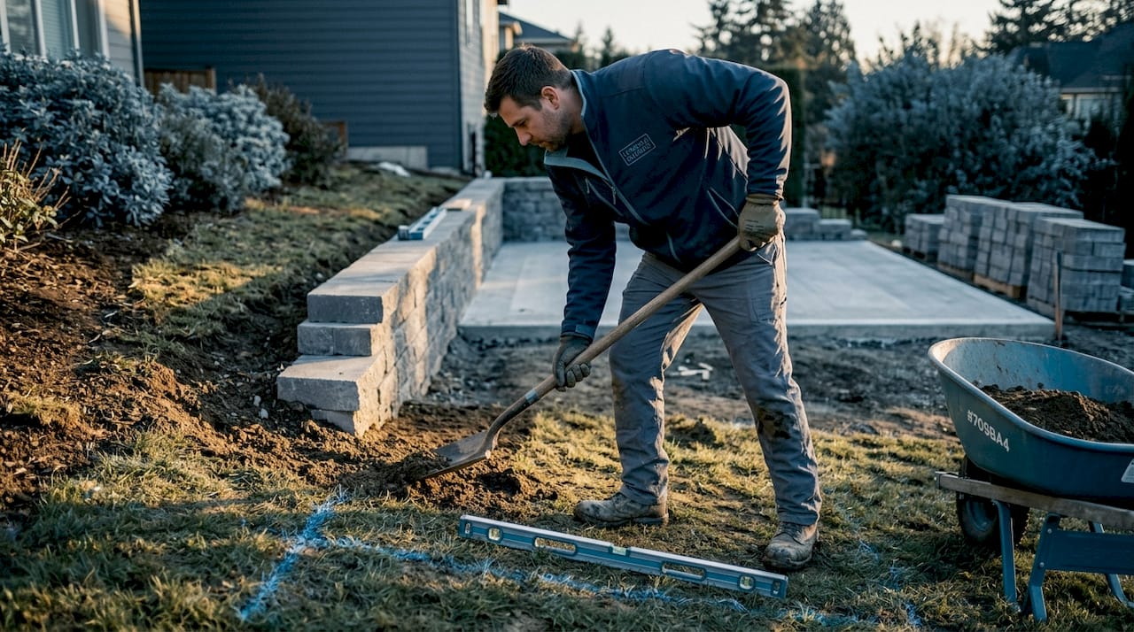landscaper levelling ground for hot tub install