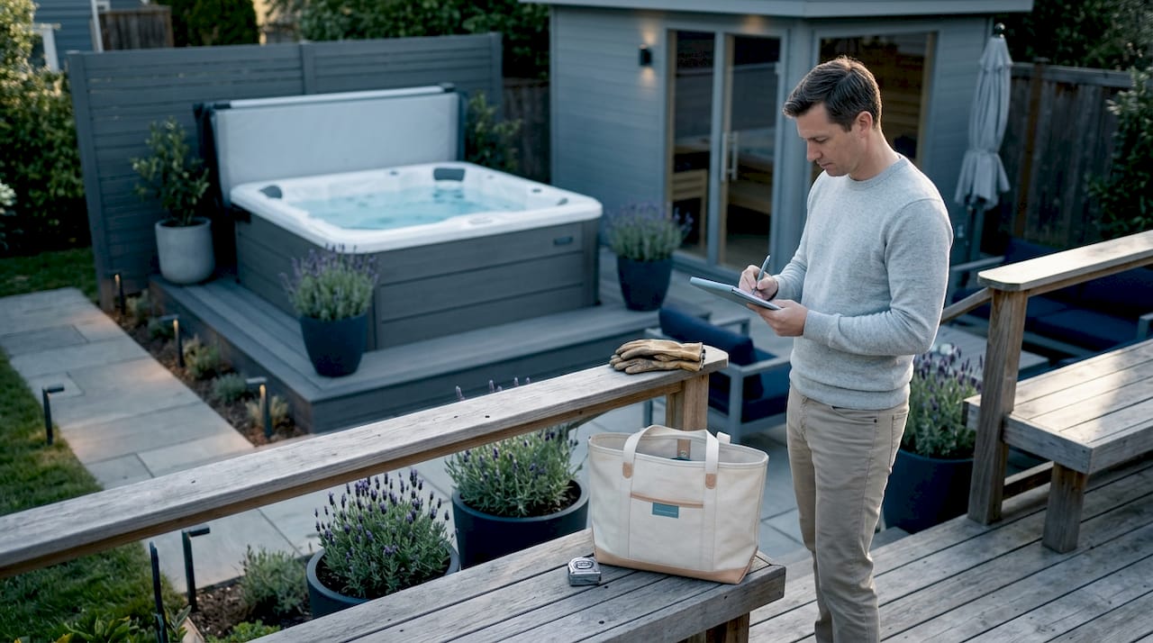 designer planning backyard hot tub and sauna layout