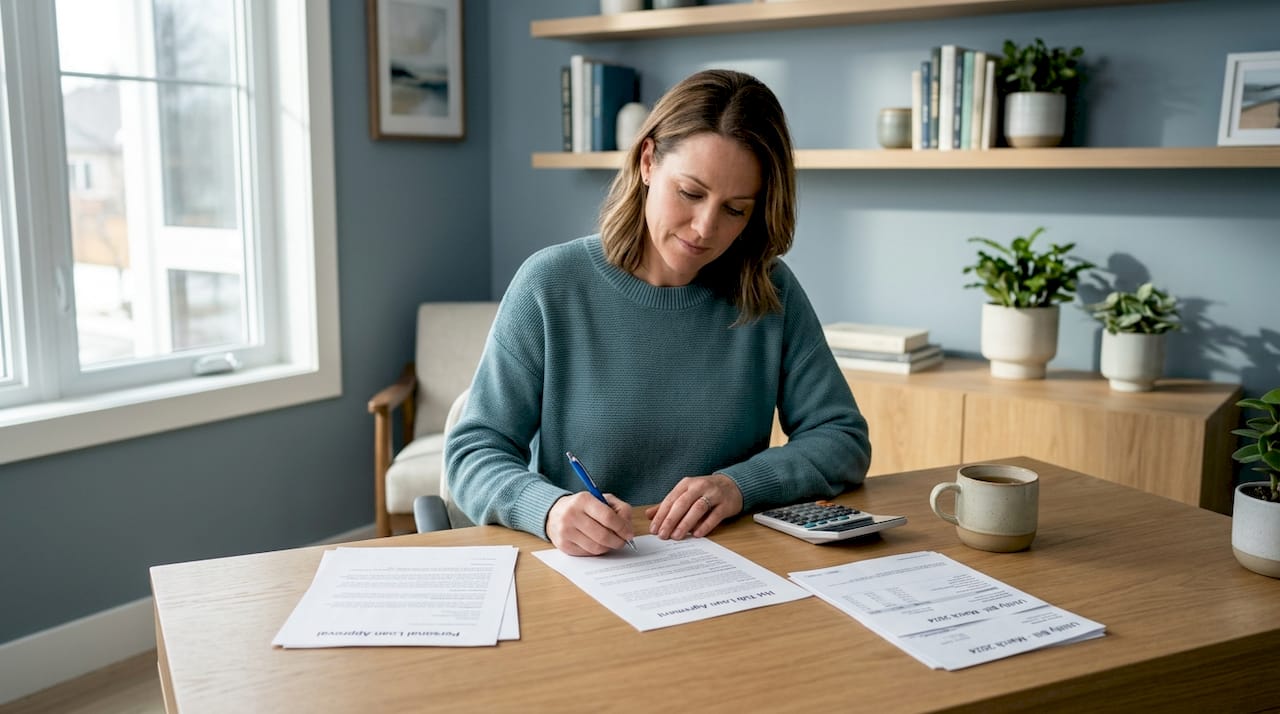 woman signing hot tub loan paperwork at kitchen table