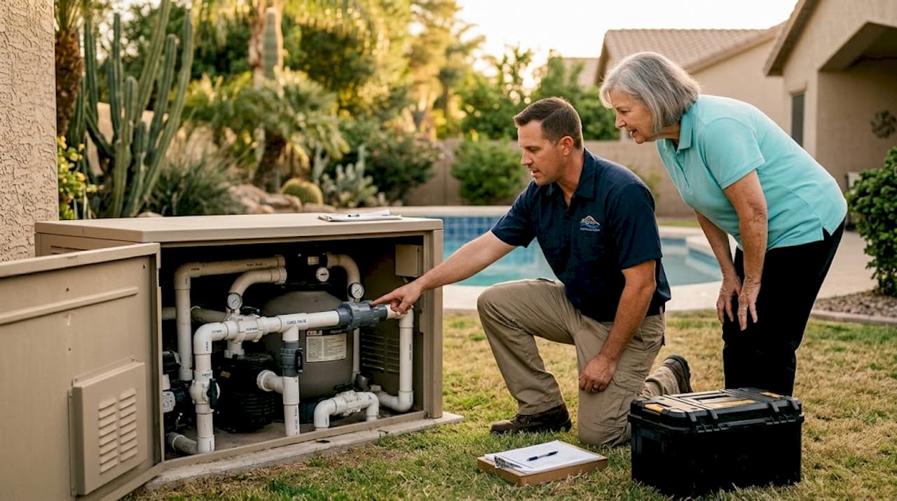 Technician showing pool plumbing lines to homeowner