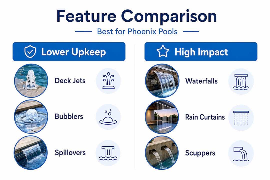 Infographic comparing popular pool water features
