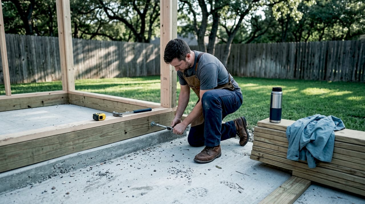 contractor building backyard sauna foundation
