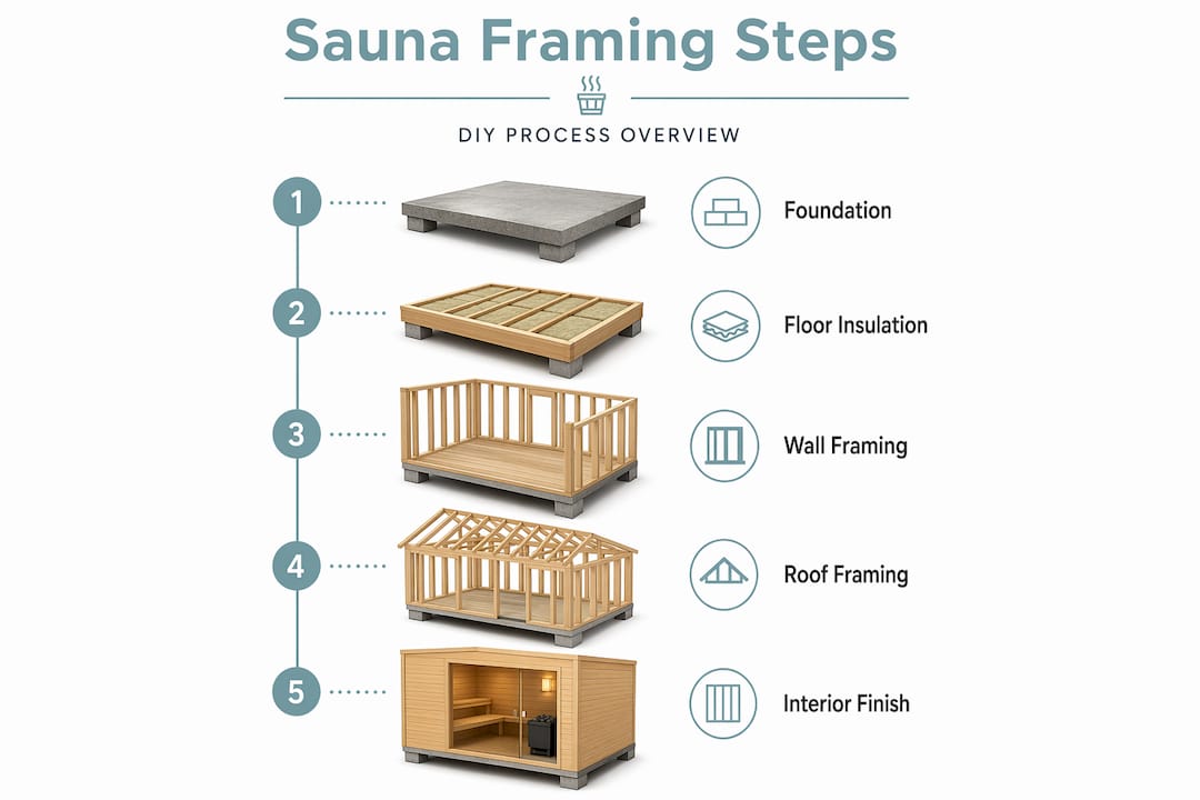 infographic showing sauna framing steps