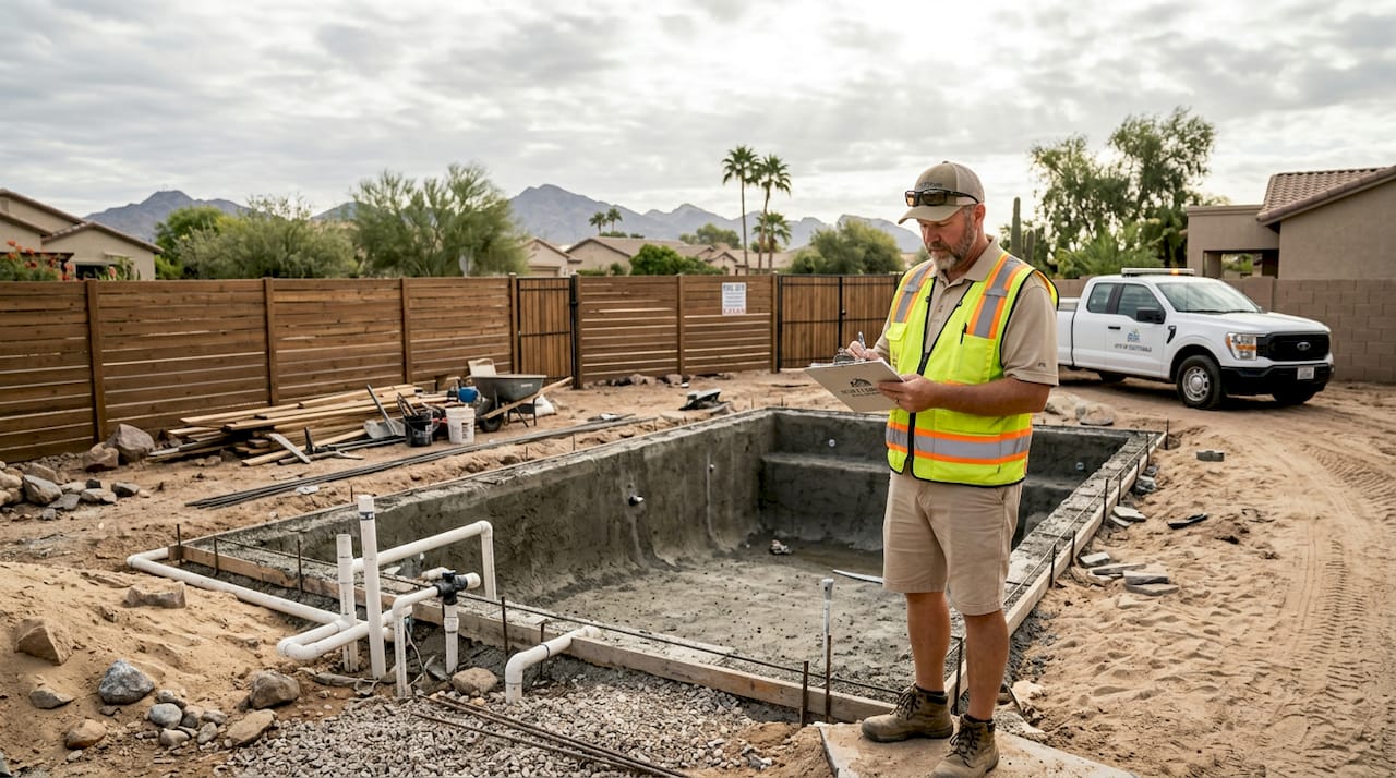 Inspector checking Arizona pool construction site