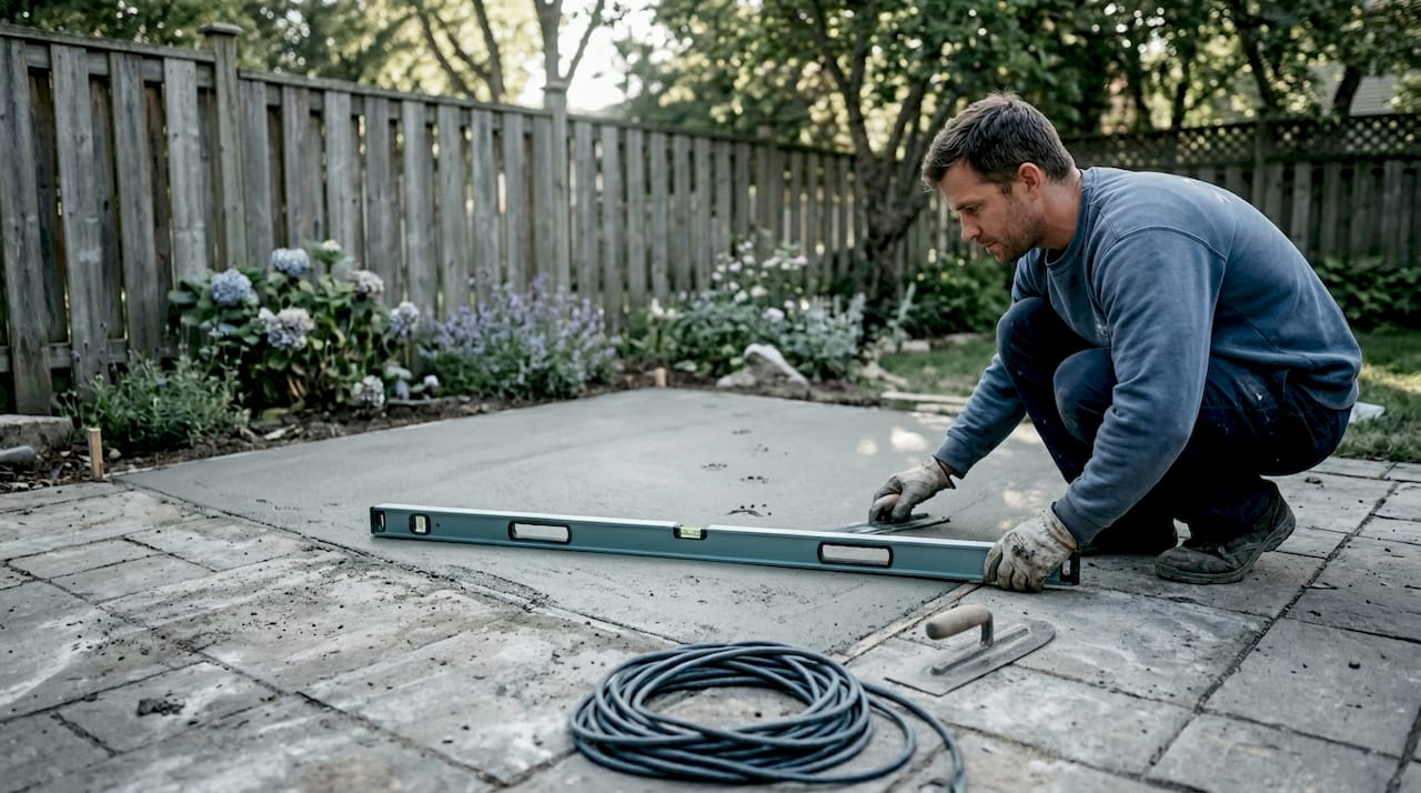 worker checking spa foundation pad level