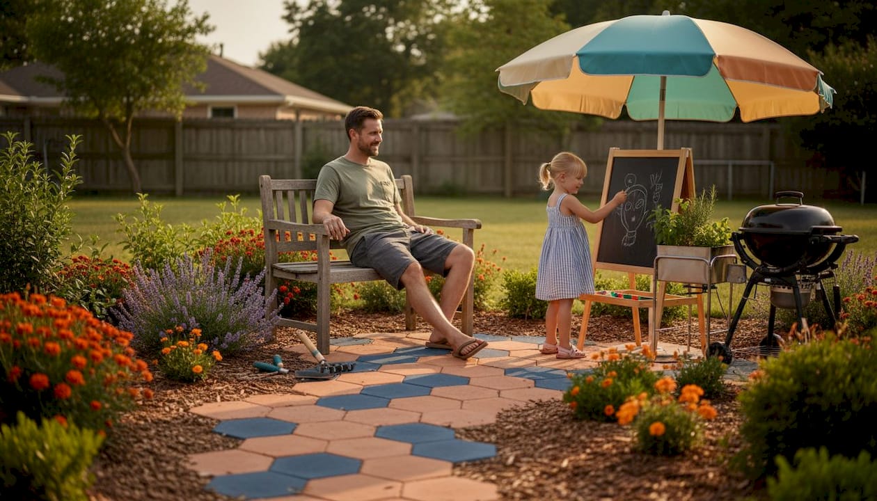 Family enjoying distinct outdoor backyard zones